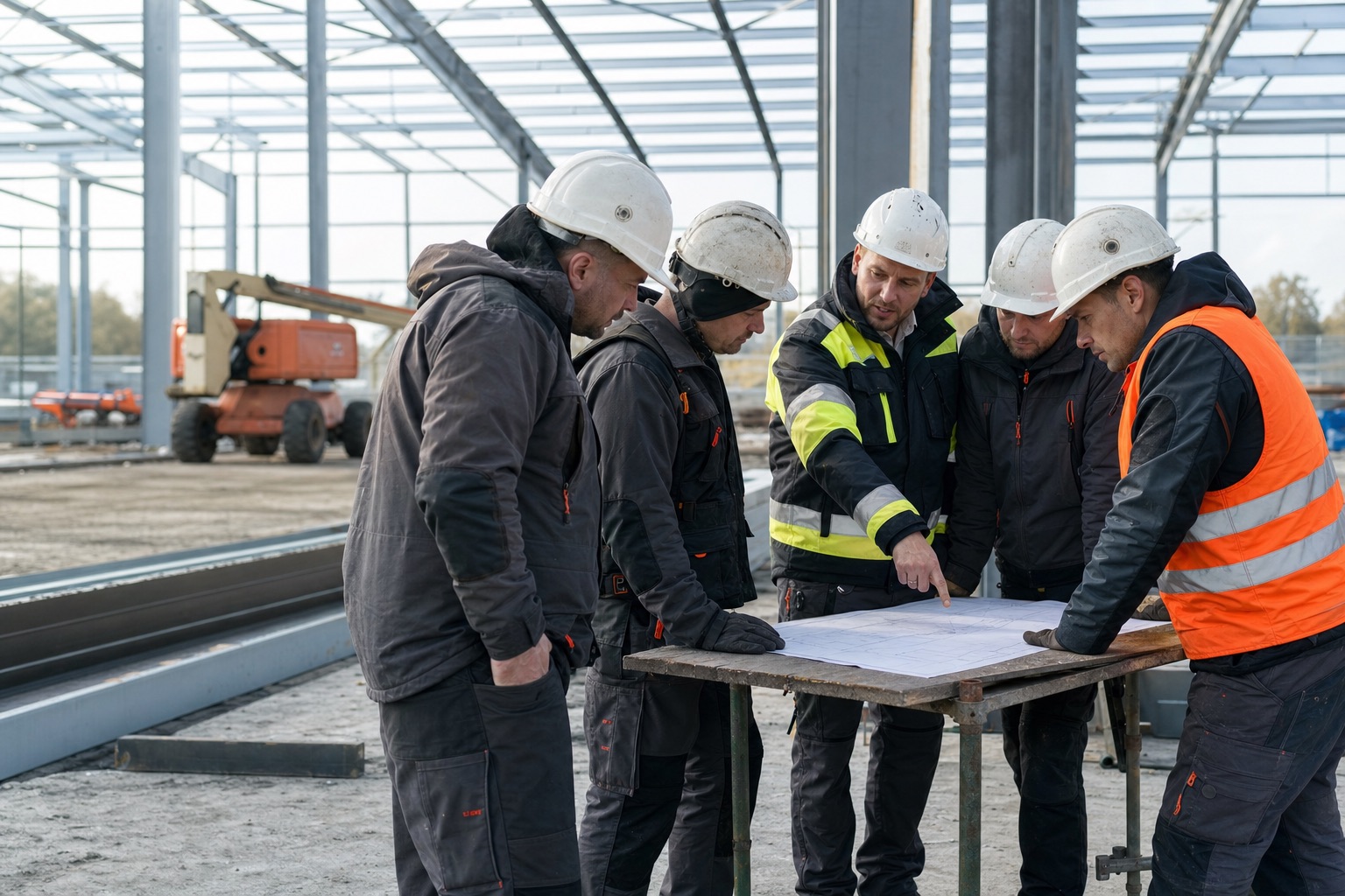 Ekipa montażowa omawia plan prac przy konstrukcji hali